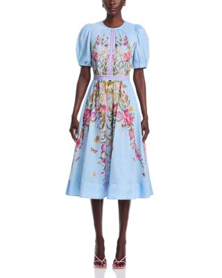 Silk Linen Floral Puff Sleeve Dress