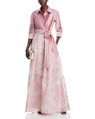 Taffeta Metallic Tie Waist Shirt Dress Gown