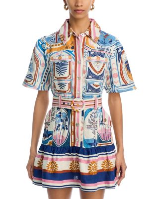 farm rio cream cerrado stamps short sleeve mini dress FARM Rio Cerrado Stamps Linen Dress