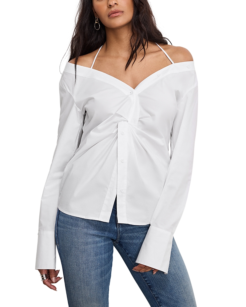 Good American Womens Off-shoulder Knot Cotton-poplin Top White001 In White
