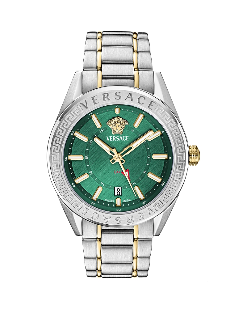 Versace Men's V-code Silver Stainless Steel Bracelet Watch, 42mm In Green/two Tone