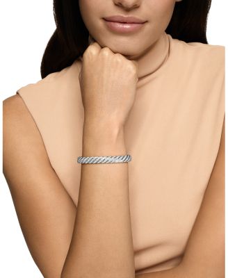 Sculpted Cable Bangle Bracelet in 18K White Gold with Diamonds, 8mm Description