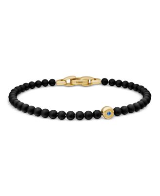 Men's Spiritual Beads Evil Eye Bracelet with Black Onyx, Sapphire and 18K Yellow Gold, 4mm