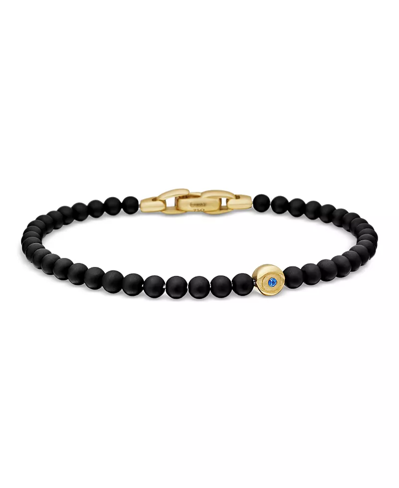 David Yurman Men's Spiritual Beads Evil Eye Bracelet with Black Onyx, Sapphire and 18K Yellow Gold, 4mm