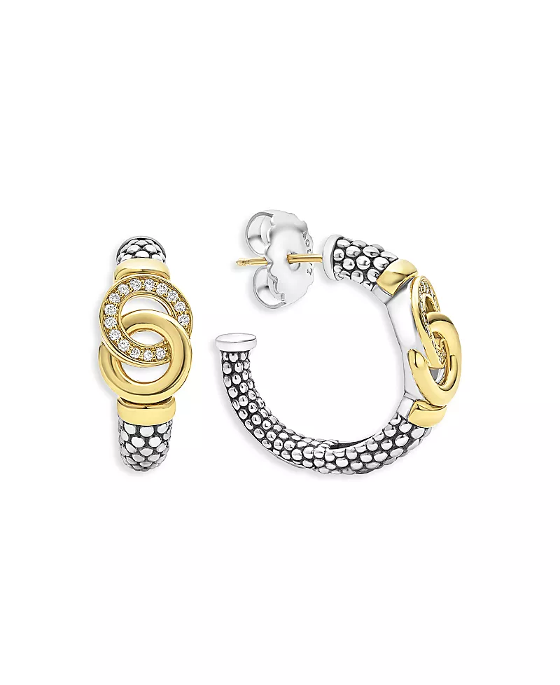 Lagos 18K Yellow Gold & Sterling Silver Signature Caviar Diamond Interlocking Hoop Earrings
