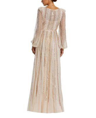 Boat Neck Long Sleeve Gown with Striped Beading
