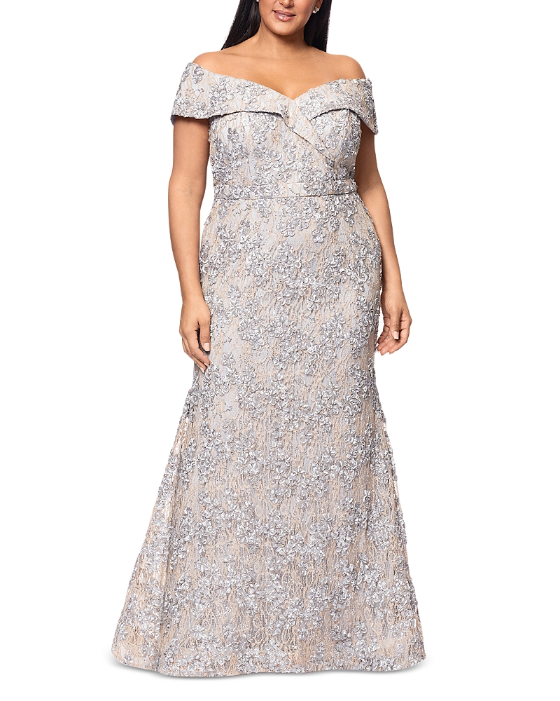 Xscape Plus Size Embellished Lace Off-the-shoulder Gown In Gold/silver