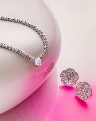 Diamond Round & Baguette Flower Stud Earrings in 14K White Gold, 1.0 tcw