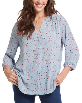 Three Quarter Sleeve Printed Pintucked Back Blouse
