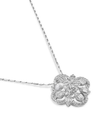 Diamond Baguette & Round Quatrefoil Pendant Necklace in 14K White Gold, 1.20 tcw