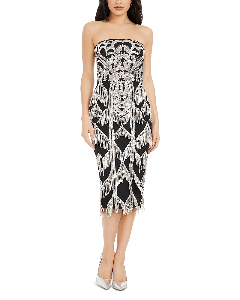 DRESS THE POPULATION DRESS THE POPULATION VIVIANA FRINGE TRIM DRESS