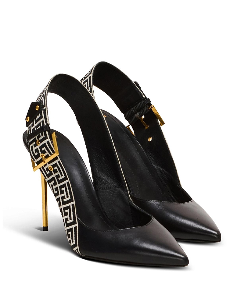 Balmain Ruby Stiletto Slingbacks In Calfskin And Pb Labyrinth Canvas In Black