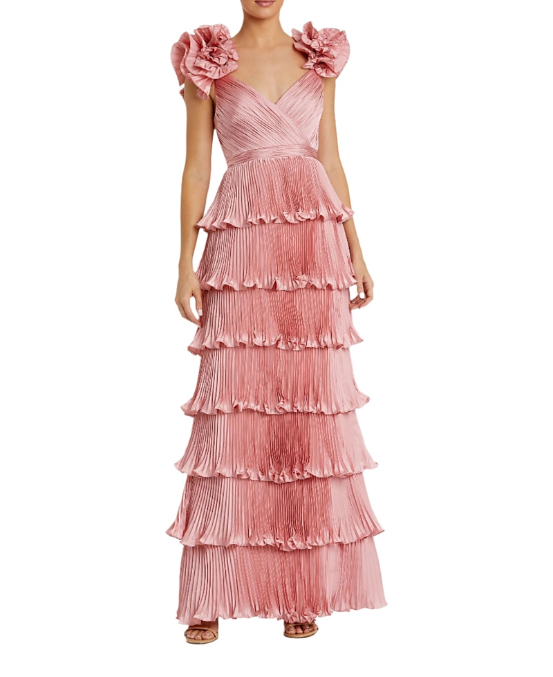 MAC DUGGAL PLEATED CHARMEUSE TIERED GOWN WITH RUFFLE STRAPS