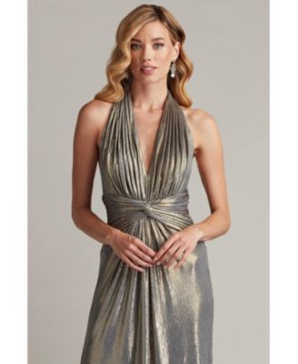 Mona Pleated Metallic Halter Gown