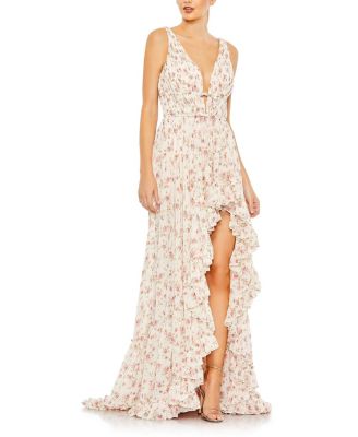 Mac Duggal - Floral Print Sleeveless Ruffled High-Low Gown