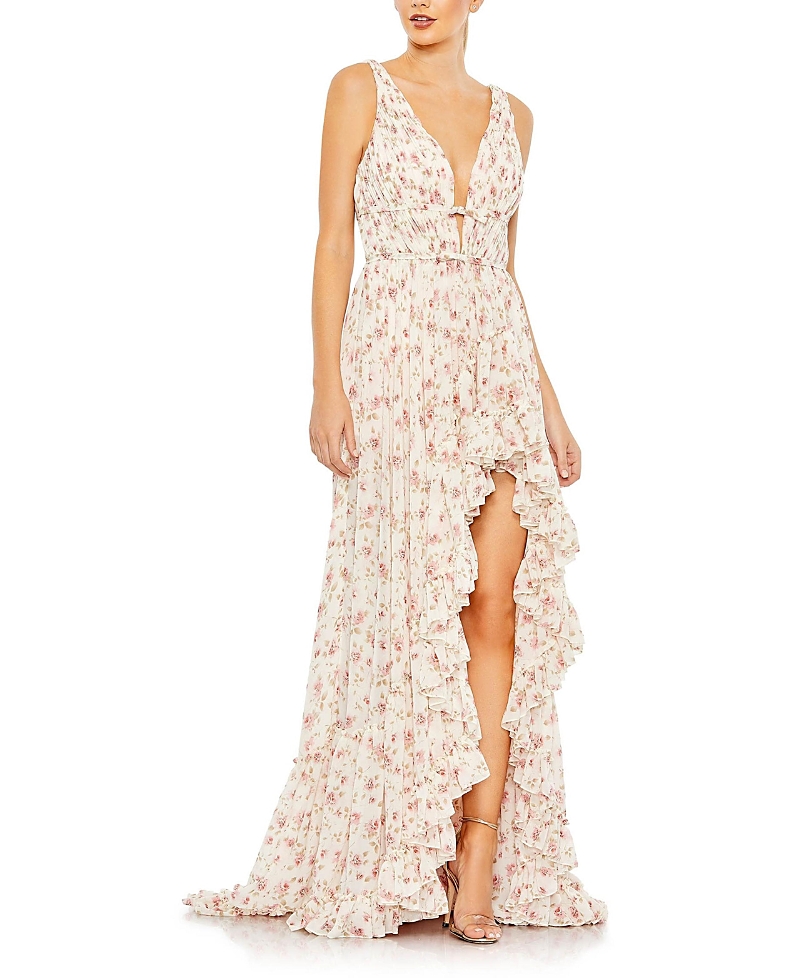 Mac Duggal Floral Print Sleeveless Plunge Neck Ruffle High Low Gown In Pink Multi