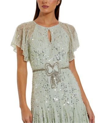 Beaded Mesh Flutter Sleeve A Line Midi Dress
