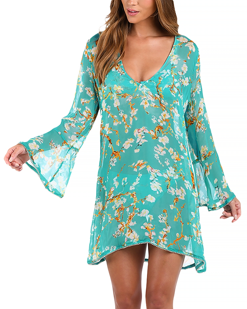L Agence L'agence Ansley Cherry Long Sleeve Semisheer Cover-up Dress In Aqua