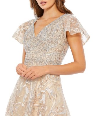 Embellished Illusion Butterfly Sleeve A-Line Gown