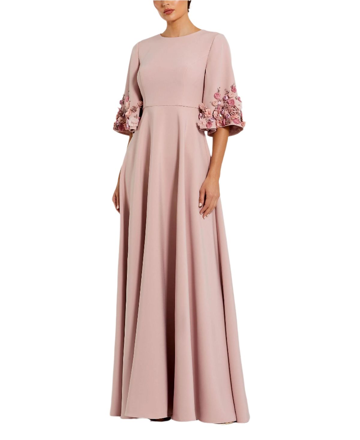 Mac Duggal Satin Elbow Sleeve Gown with Flower Trim