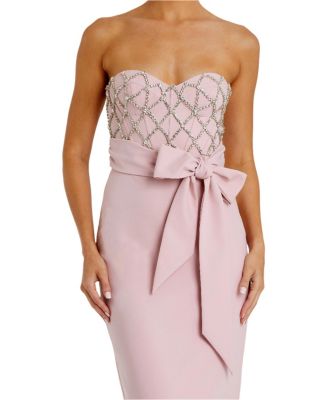 Strapless Crepe Embellished Bustier Gown with Bow