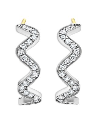 Sterling Silver Caviar Spark Diamond Wavy Huggie Hoop Earrings 