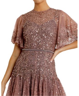  Cape Sleeve Beaded Tea Length A-line Dress