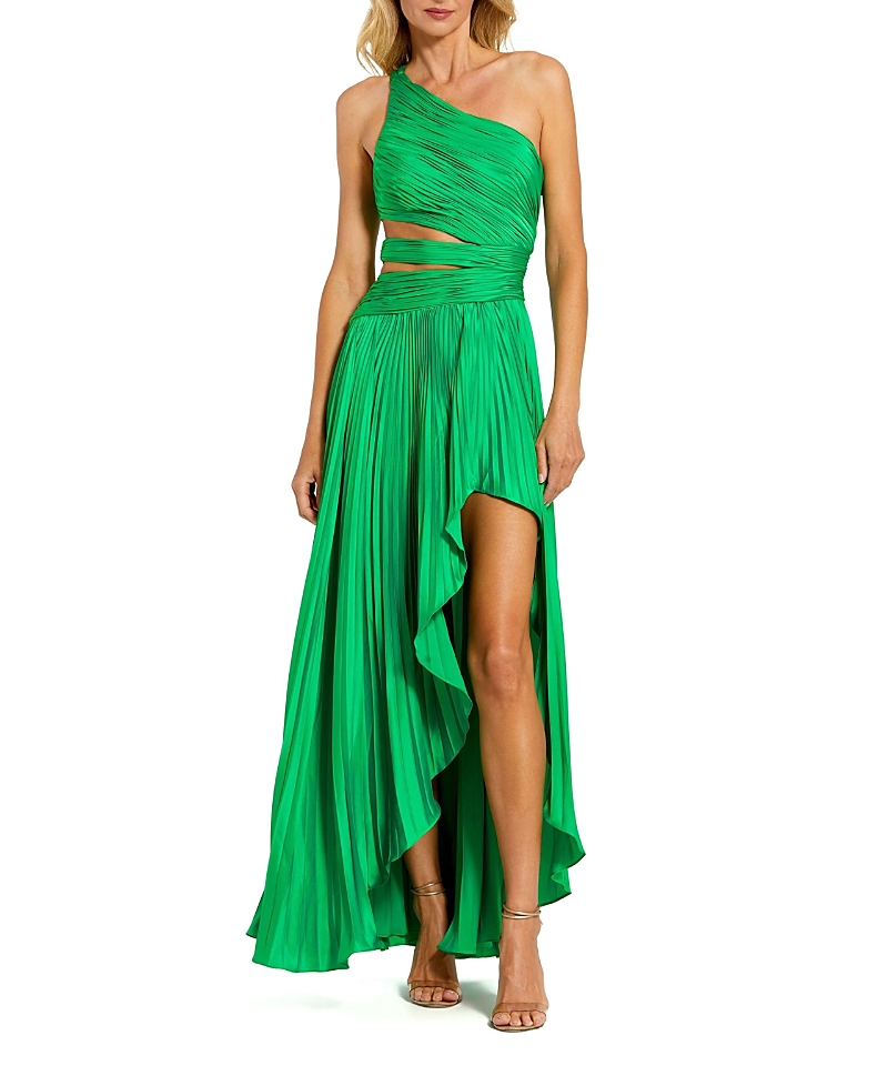 Mac Duggal One Shoulder Pleated Charmeuse Gown With Slit In Spring Green
