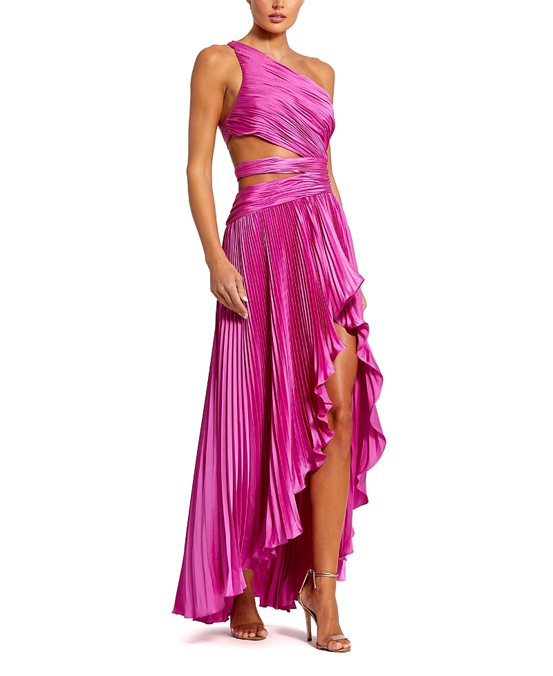 Mac Duggal One Shoulder Pleated Charmeuse Gown With Slit In Fuchsia
