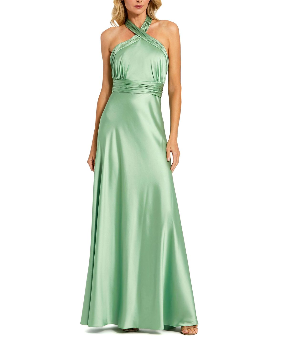 Mac Duggal Ruched Halter Neck Tie Back Satin Gown