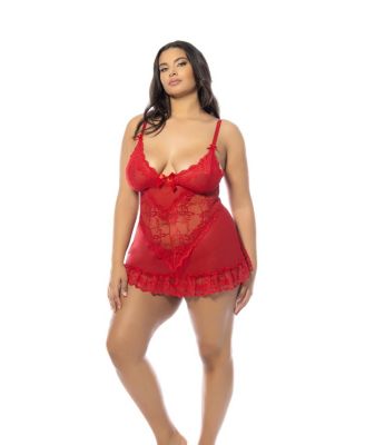 Plus Valentine Soft Cup Lace Babydoll with Bows and G-string Panty