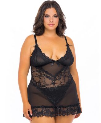 Plus Valentine Soft Cup Lace Babydoll with Bows and G-string Panty