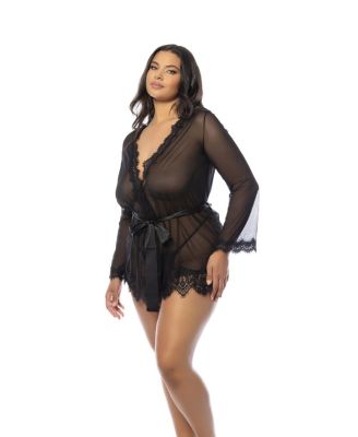  Plus Size Provence Eyelash Lace Robe with Sash and G-string Panty