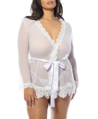  Plus Size Provence Eyelash Lace Robe with Sash and G-string Panty
