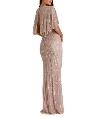  Sequined V Neck Cape Sleeve Column Gown