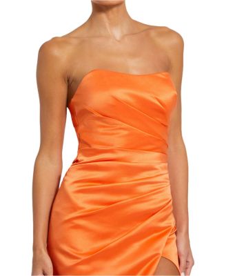 Strapless Gathered High Slit Gown