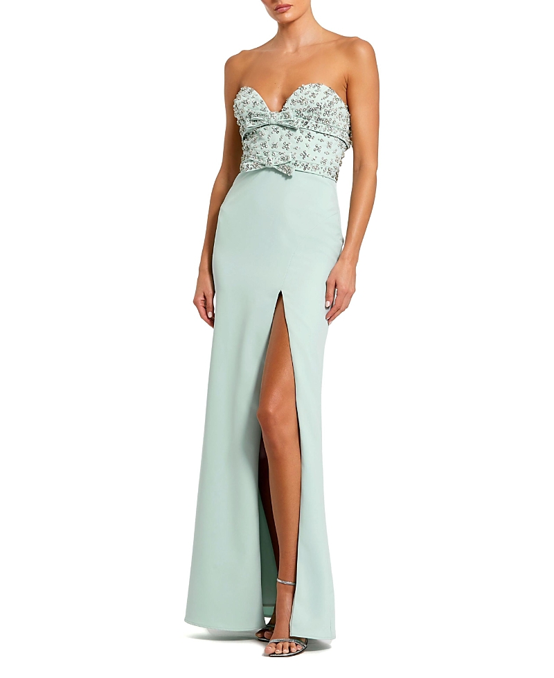 Mac Duggal Strapless Crepe Fitted Gown With Rhinestones In Mint