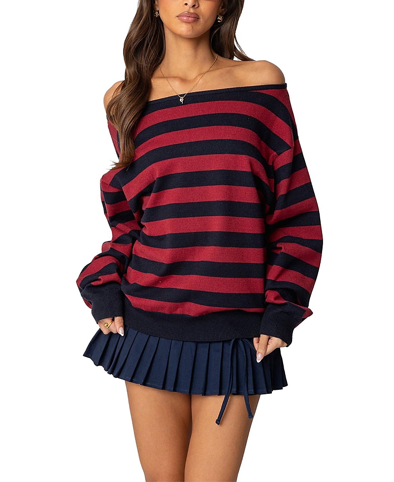 EDIKTED STERLING STRIPED OFF SHOULDER SWEATER