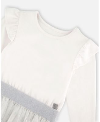Girls' Long Sleeve Dress with Glittering Tulle Skirt - Big Kid