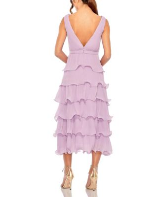 Deep V Chiffon Sleeveless Ruffle Midi Dress