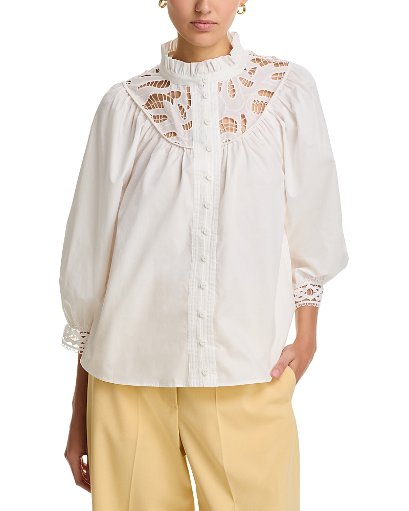 Elie Tahari The Rylan Lace-yoke Cotton Blouse In Sky White