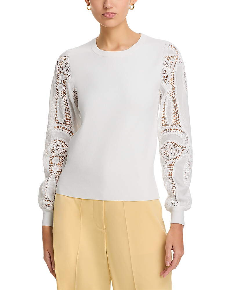 Elie Tahari The Margaret Lace Sleeve Knit Top In Sky White