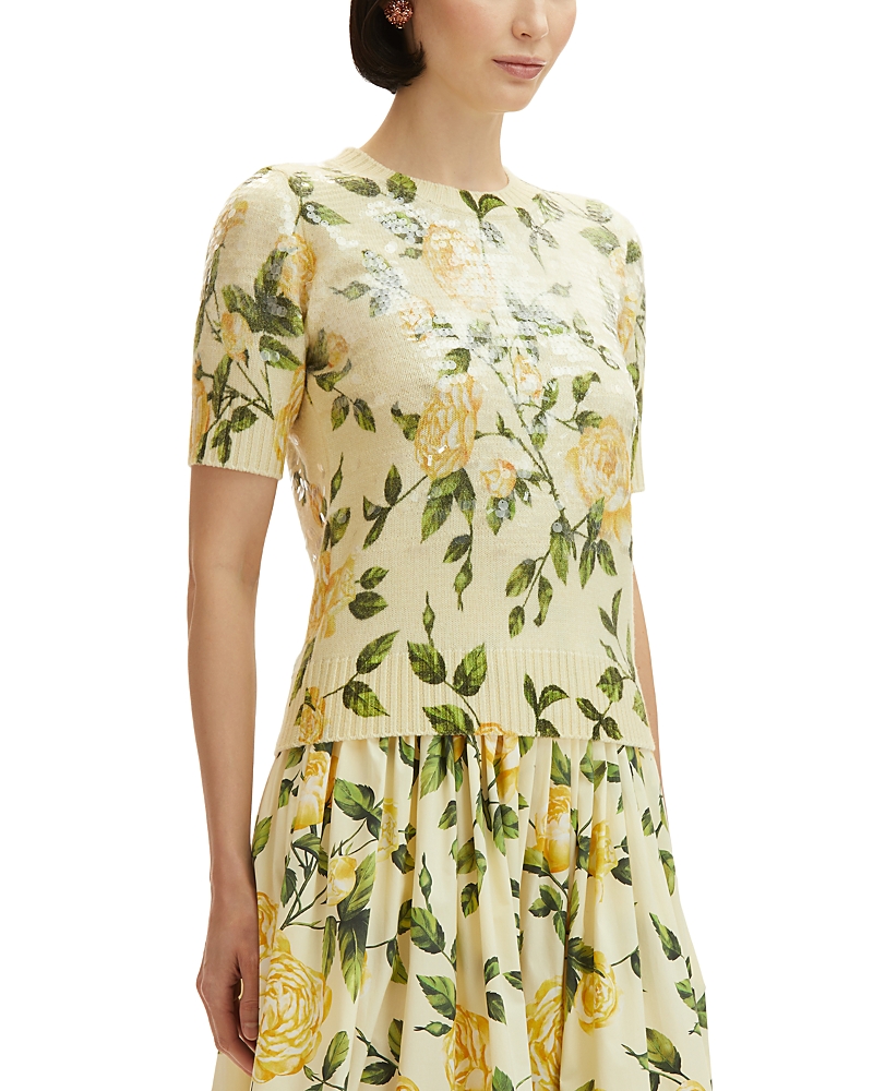 Oscar De La Renta English Rose-print Sequined Short-sleeve Sweater In Soft Yellow