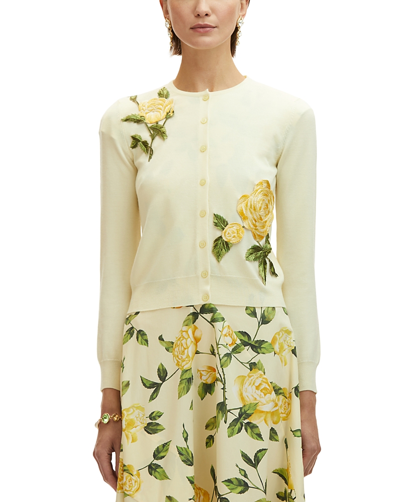 Shop Oscar De La Renta Wool Rose Embroidered Cardigan In Soft Yellow