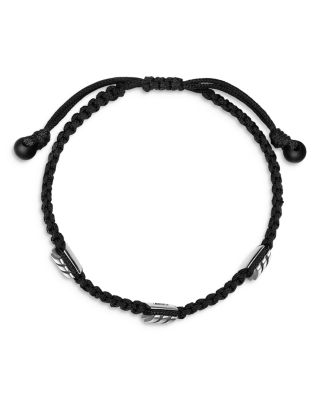 Sterling Silver Black Onyx Chevron Black Nylon Woven Station Bracelet