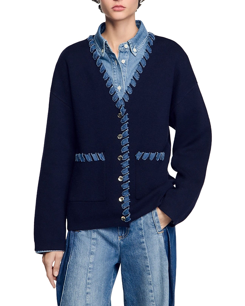 Shop Sandro Denim Trim Cardigan In Navy Blue