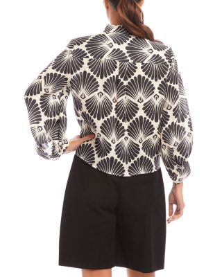 Linen Printed Blouson Sleeve Tie Front Top