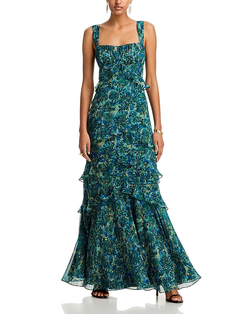Saloni Chandra Ruffled Printed Silk-georgette Maxi Dress In Python Flower Emerald