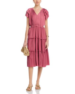 Flutter Sleeve Split Neck Flare Airflow Dress