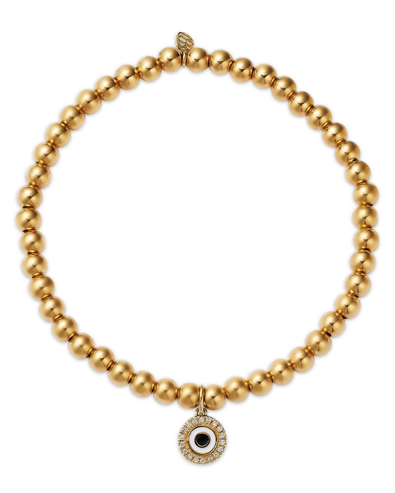 Sydney Evan 14K Yellow Gold Diamond Evil Eye Disc Charm Beaded Bracelet, 0.06 tcw